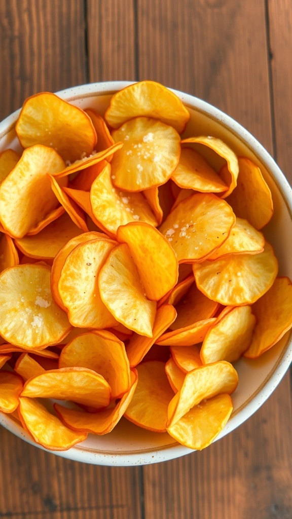 A bowl of crispy homemade potato chips seasoned with salt on a rustic wooden table.